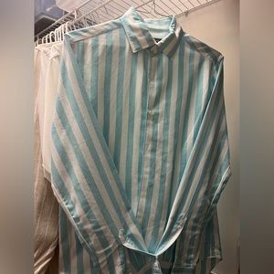 Saks Fifth Avenue small teal/ white striped shirt